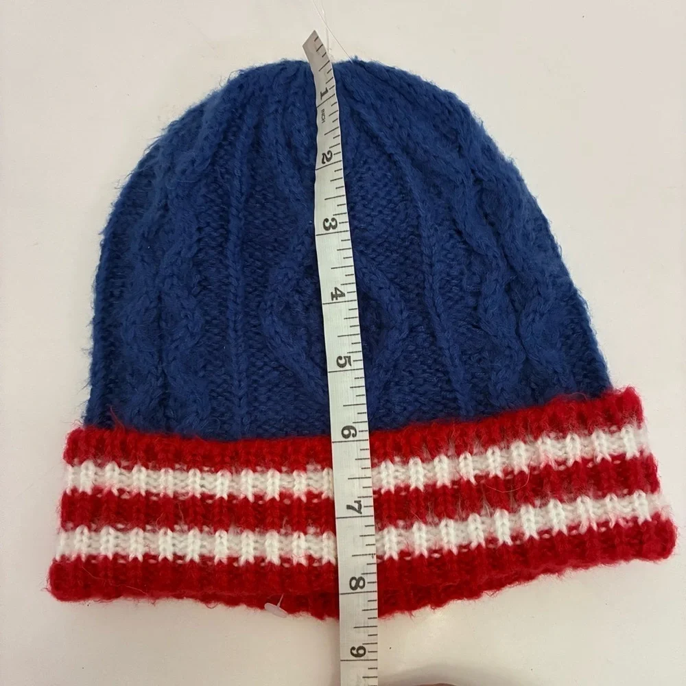 Boden Kids Blue with Red Stripes Folded Cuff Cable Knit Hat Beanie Size Small